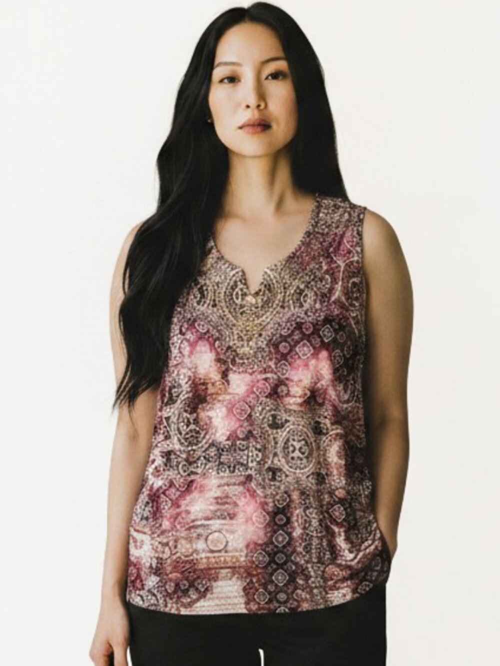 CATHERINES Embellished Lace Neckline Tank Top, Paisley Print, Plus Size 2X